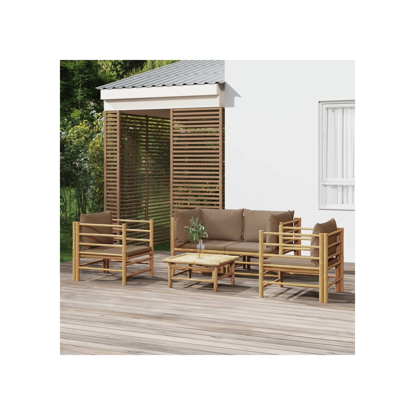 Salon de jardin 5 pcs avec coussins taupe bambou