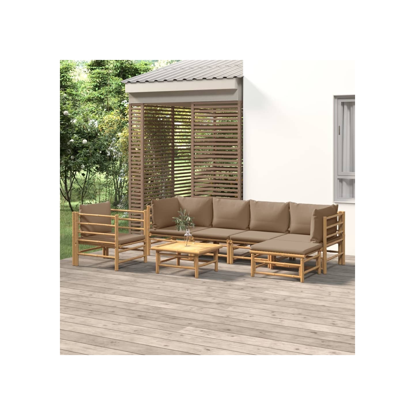 Salon de jardin 7 pcs avec coussins taupe bambou