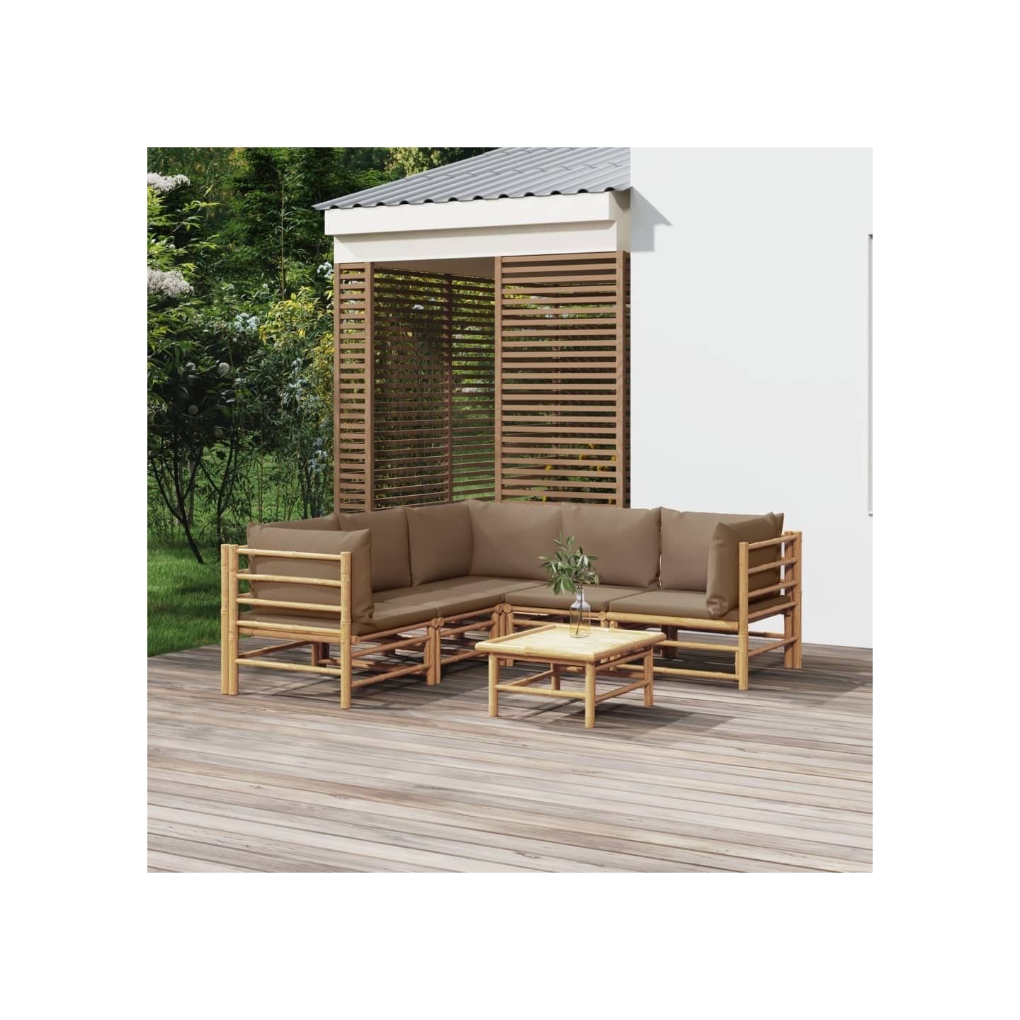 Salon de jardin 6 pcs avec coussins taupe bambou