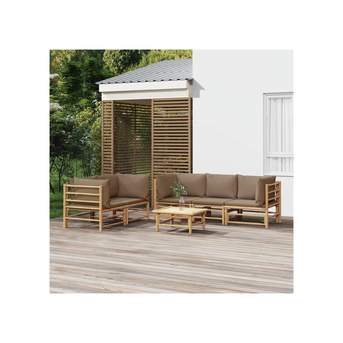 Salon de jardin 6 pcs avec coussins taupe bambou