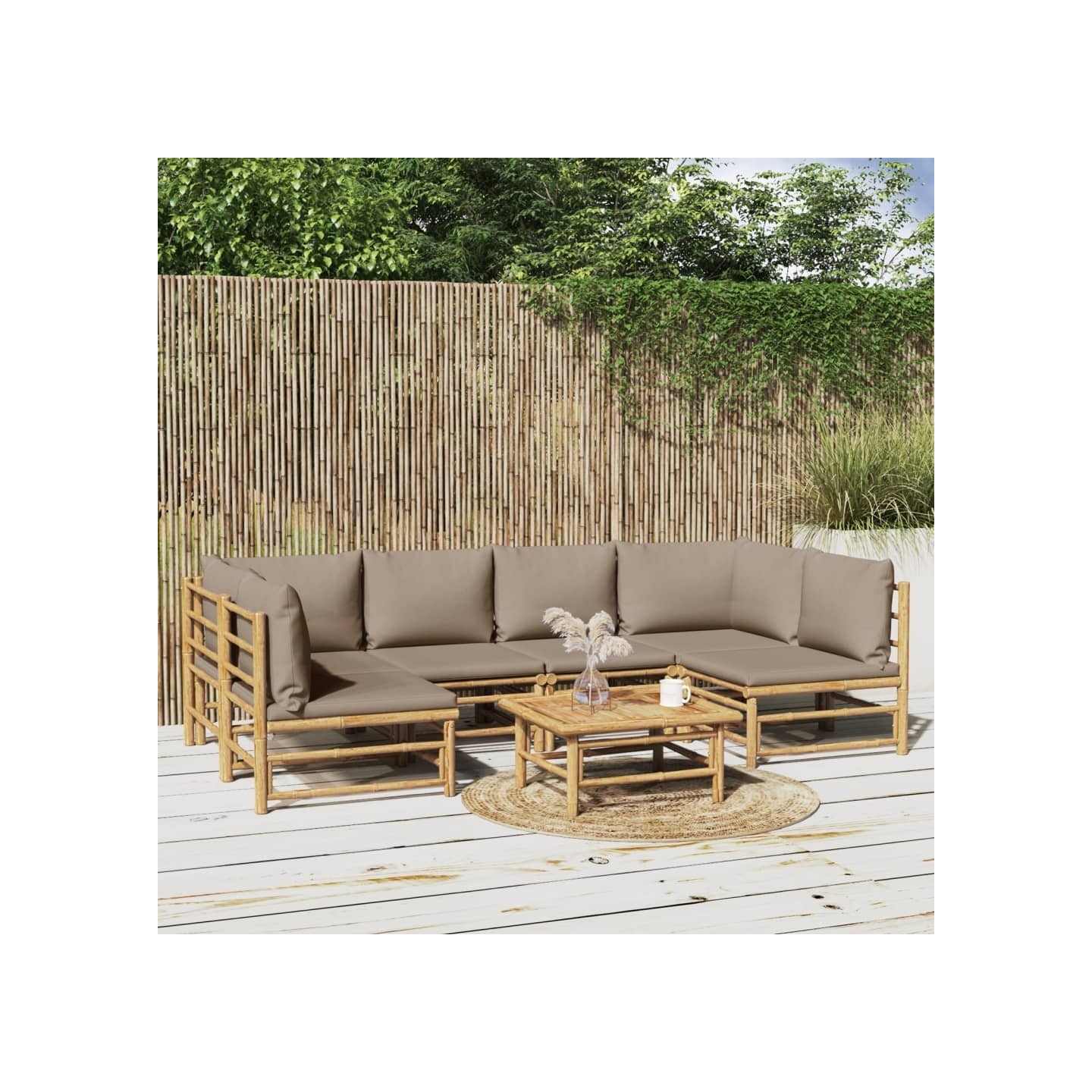 Salon de jardin 7 pcs avec coussins taupe bambou