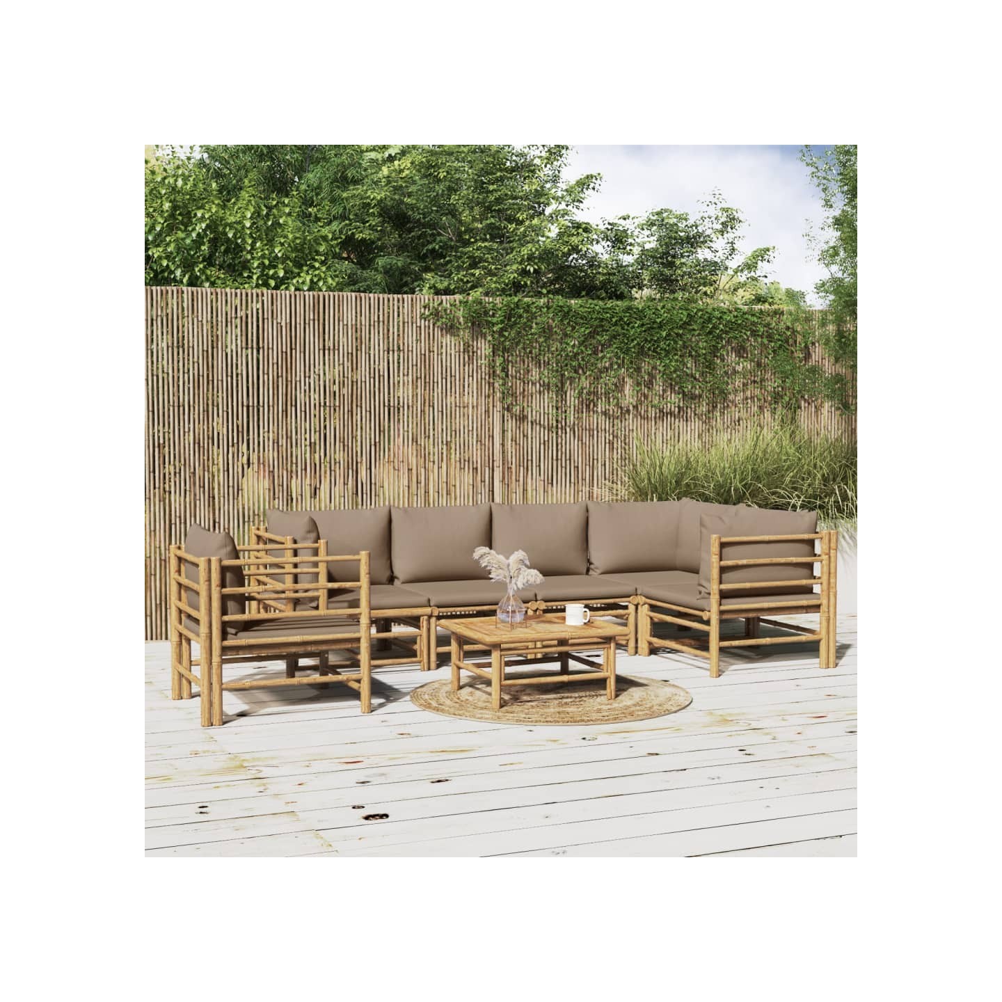 Salon de jardin 7 pcs avec coussins taupe bambou