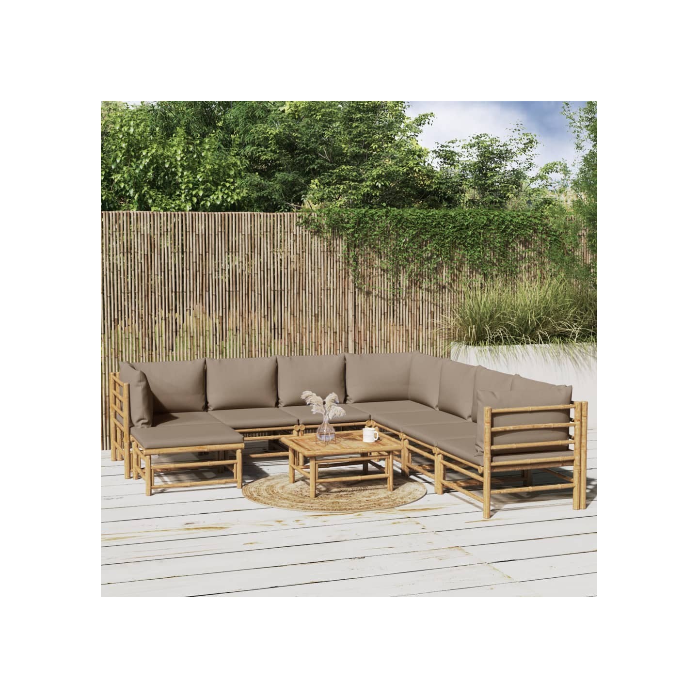 Salon de jardin 9 pcs avec coussins taupe bambou