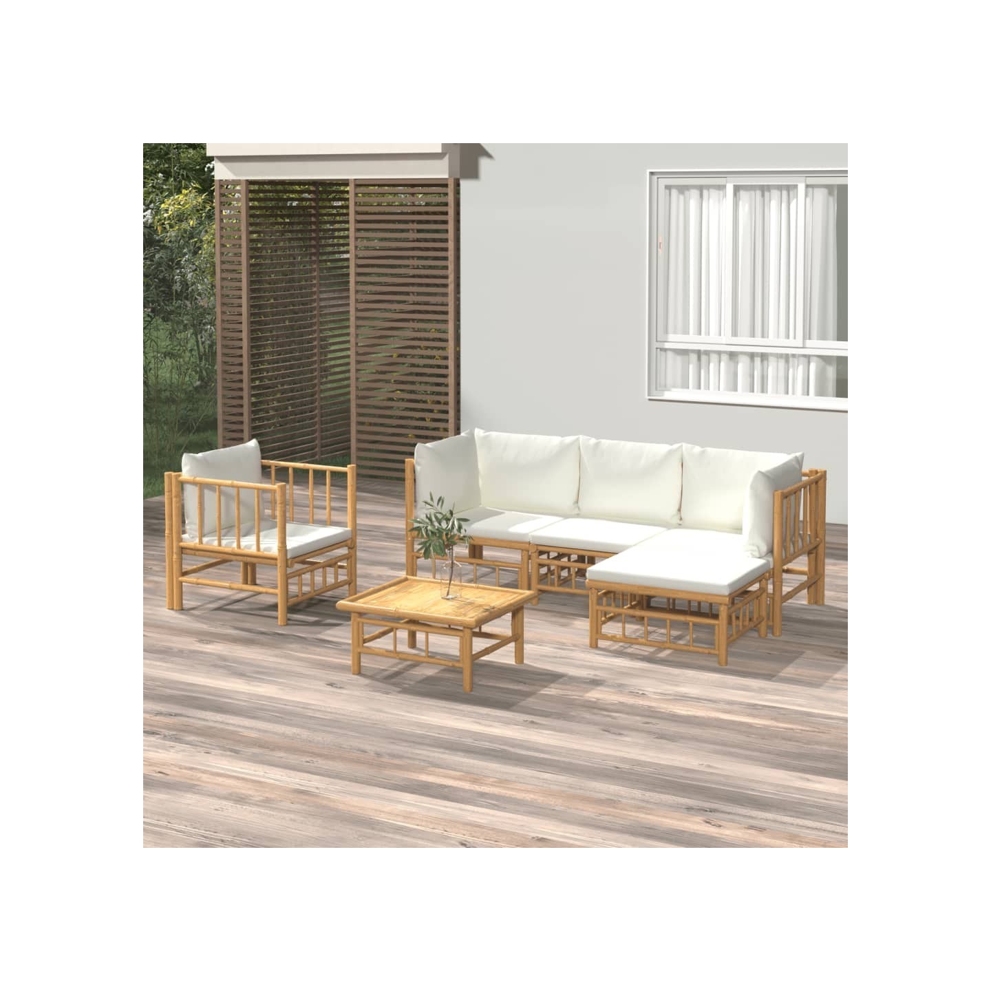 Salon de jardin 6 pcs avec coussins blanc crème bambou