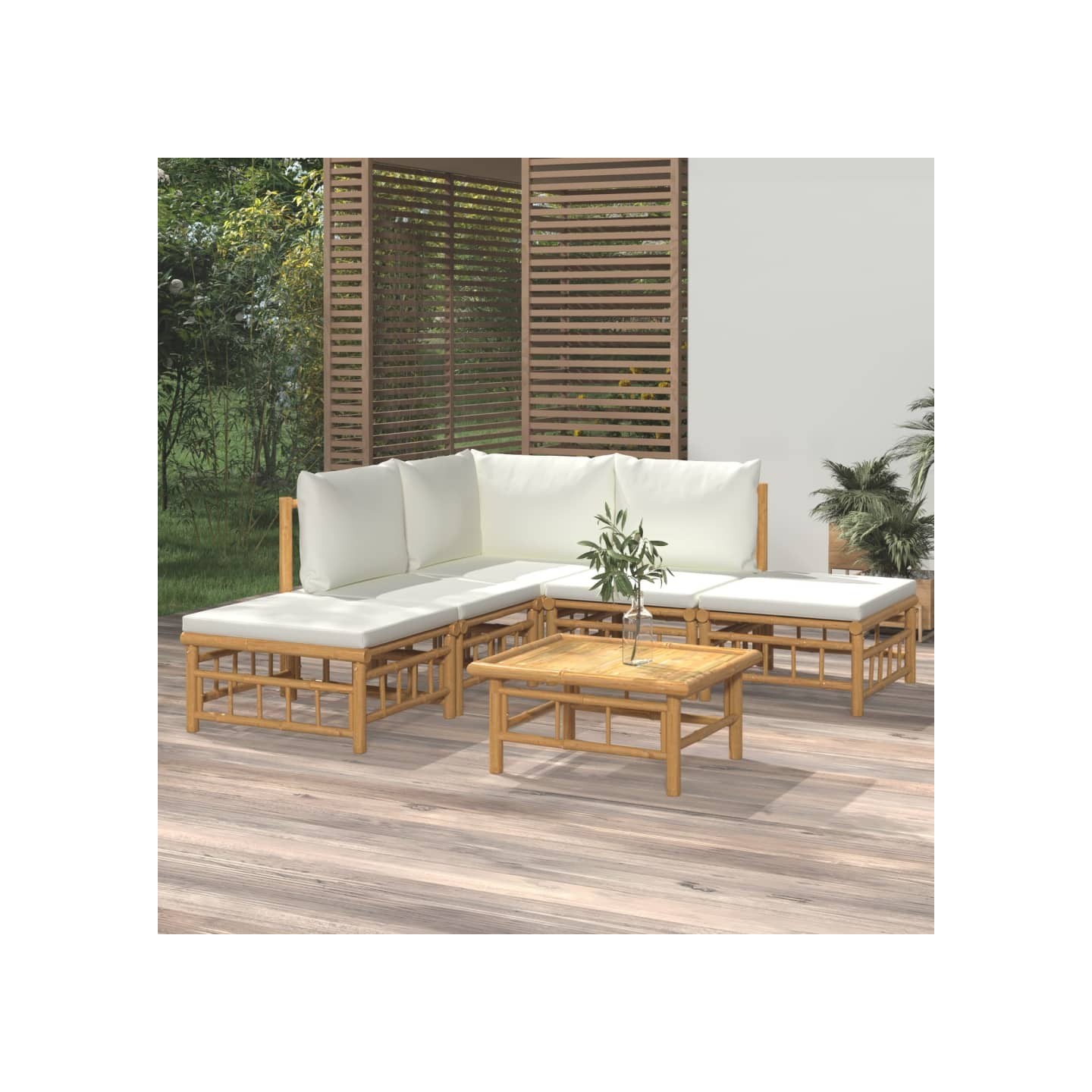 Salon de jardin 6 pcs avec coussins blanc crème bambou