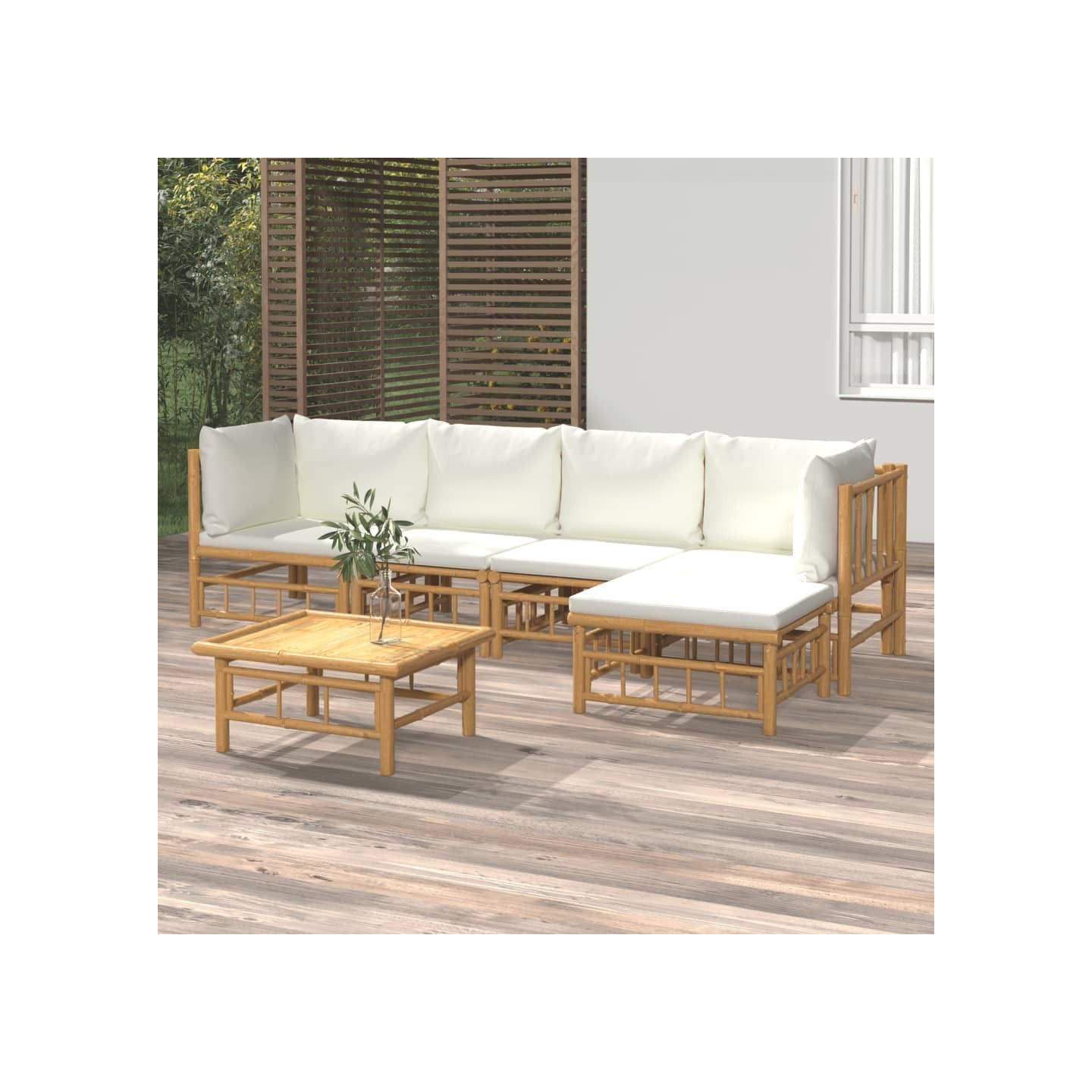 Salon de jardin 6 pcs avec coussins blanc crème bambou