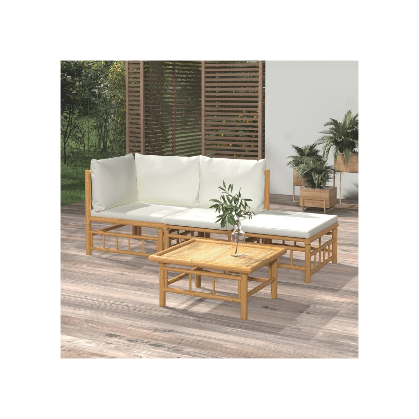 Salon de jardin 4 pcs avec coussins blanc crème bambou