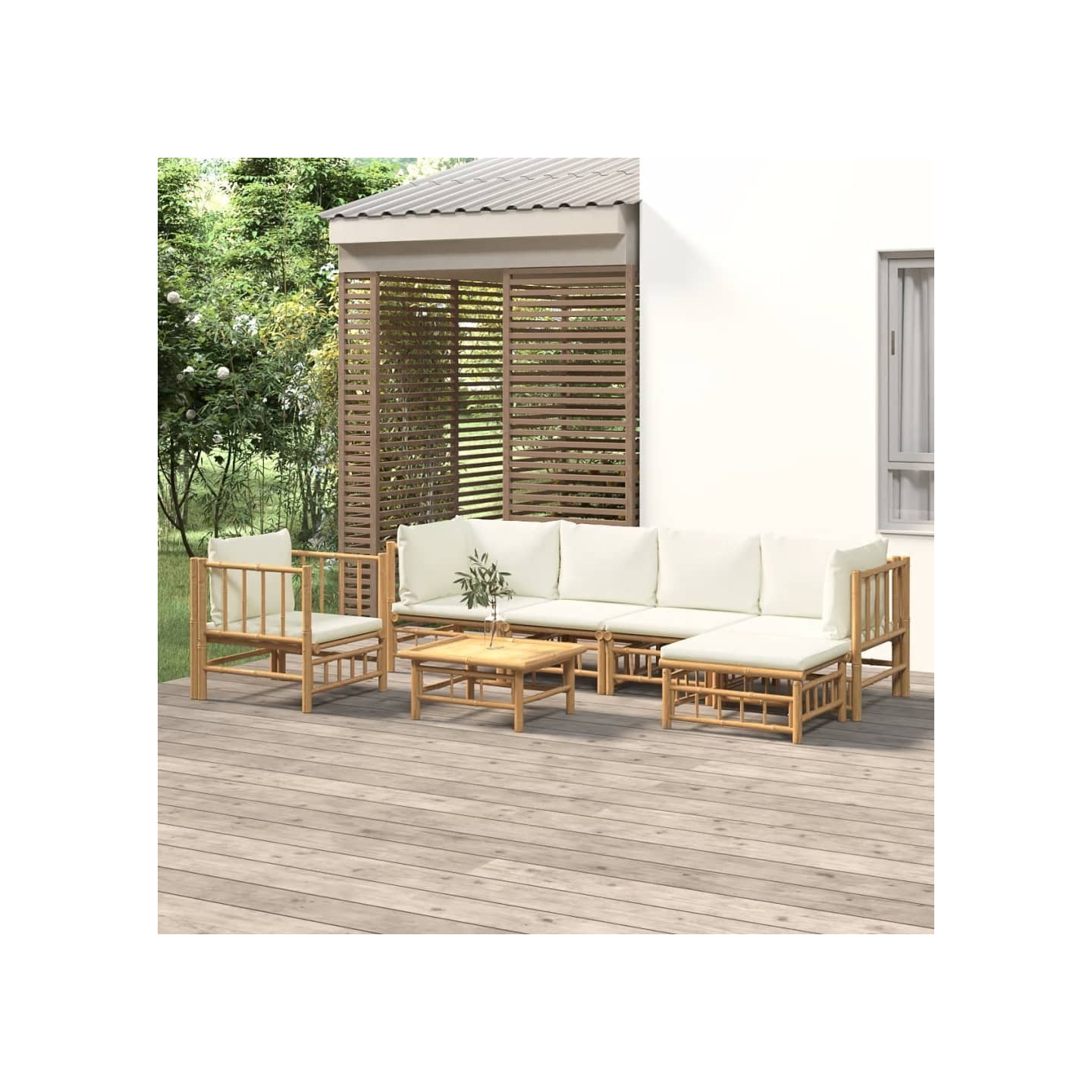 Salon de jardin 7 pcs avec coussins blanc crème bambou
