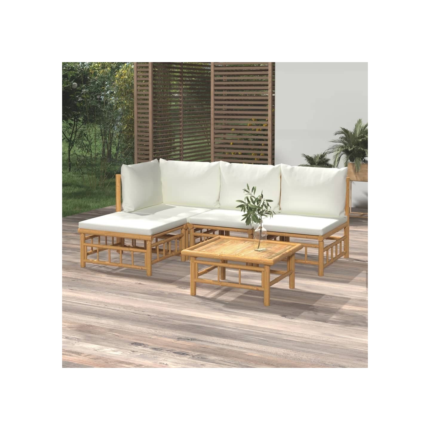 Salon de jardin 5 pcs avec coussins blanc crème bambou