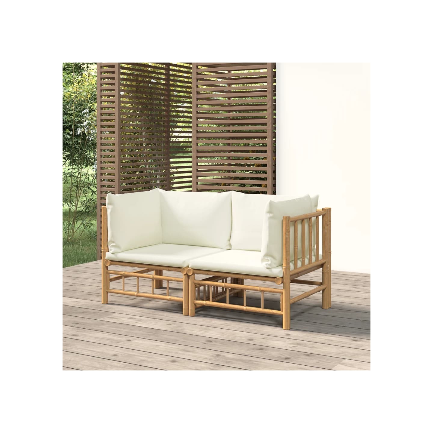 Canapés d'angle de jardin avec coussins blanc crème 2pcs bambou