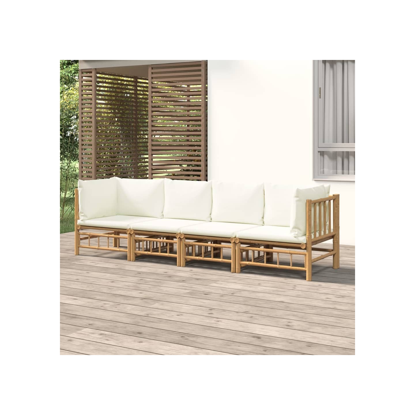 Salon de jardin 4 pcs avec coussins blanc crème bambou