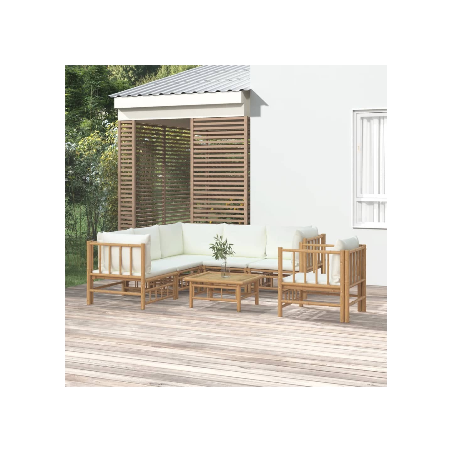 Salon de jardin 7 pcs avec coussins blanc crème bambou