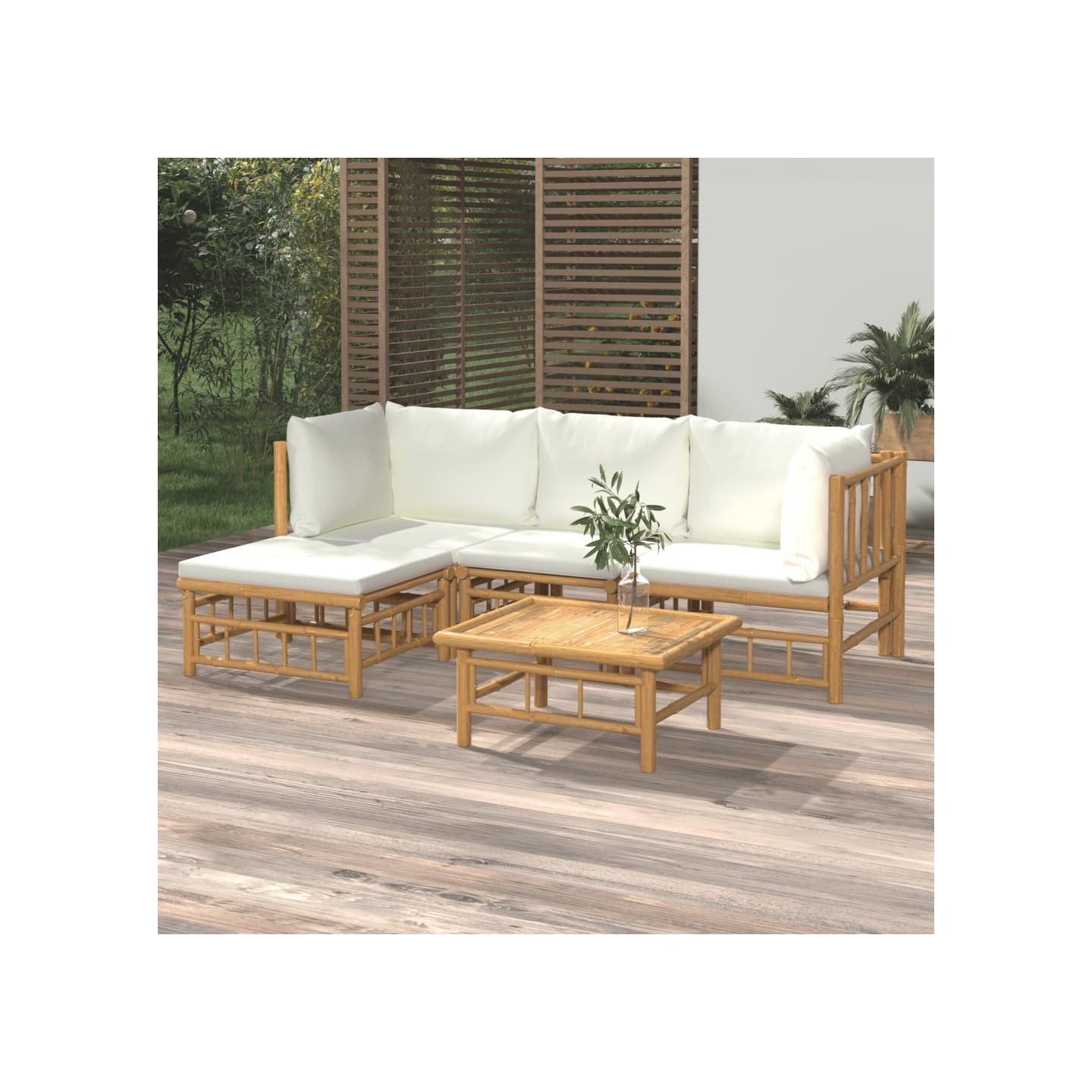 Salon de jardin 5 pcs avec coussins blanc crème bambou