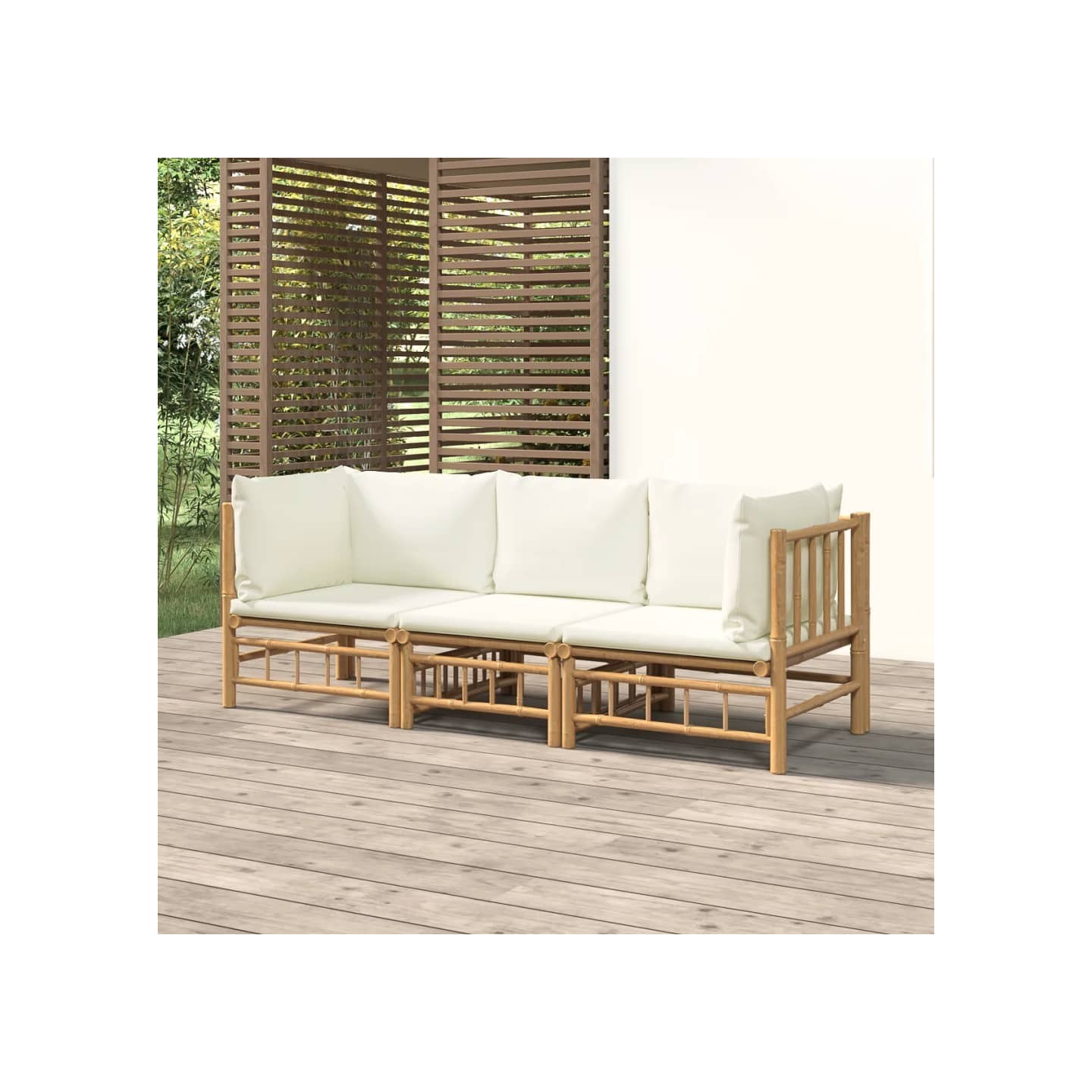 Salon de jardin 3 pcs avec coussins blanc crème bambou