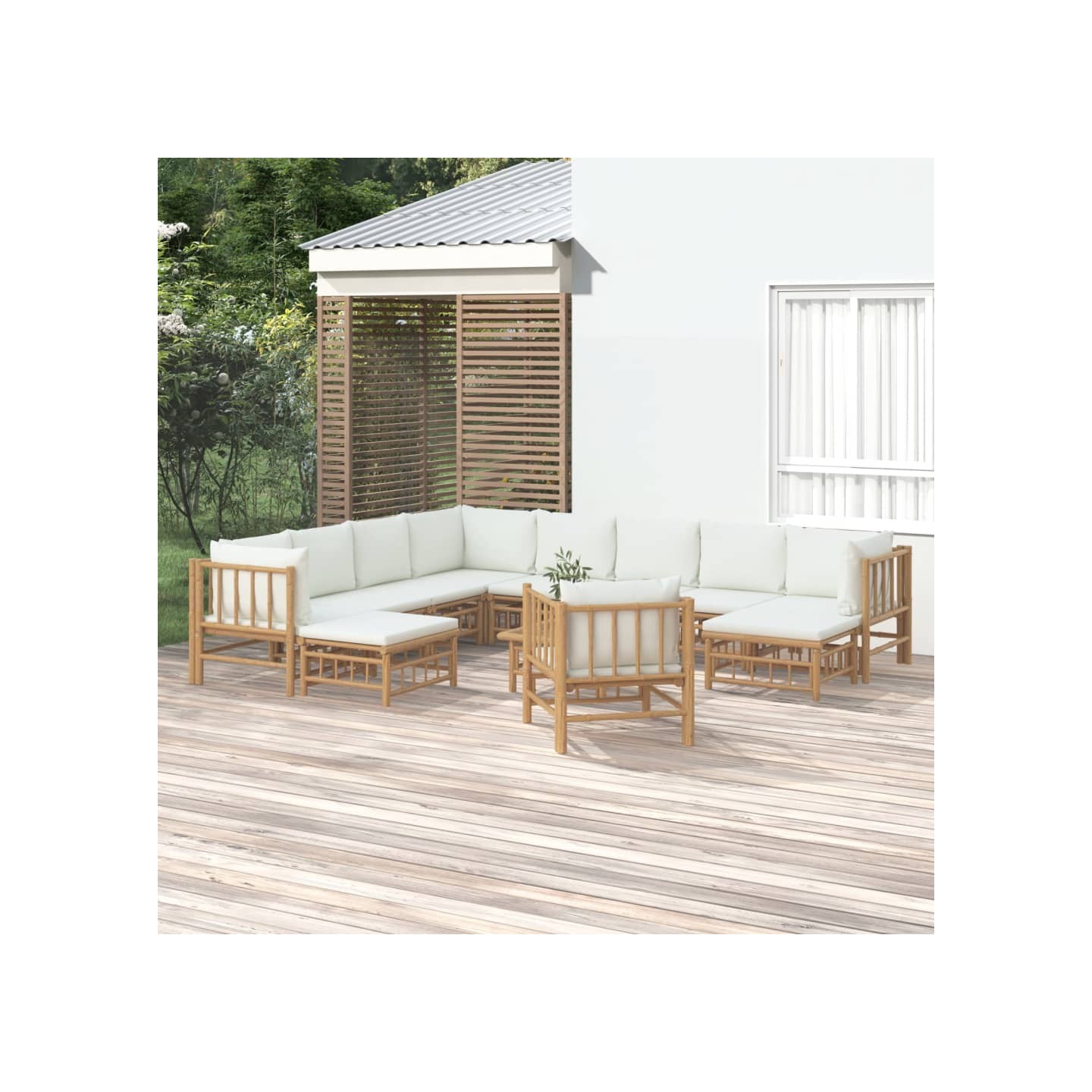 Salon de jardin 12 pcs avec coussins blanc crème bambou