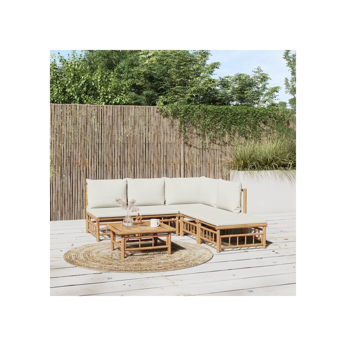Salon de jardin 6 pcs avec coussins blanc crème bambou