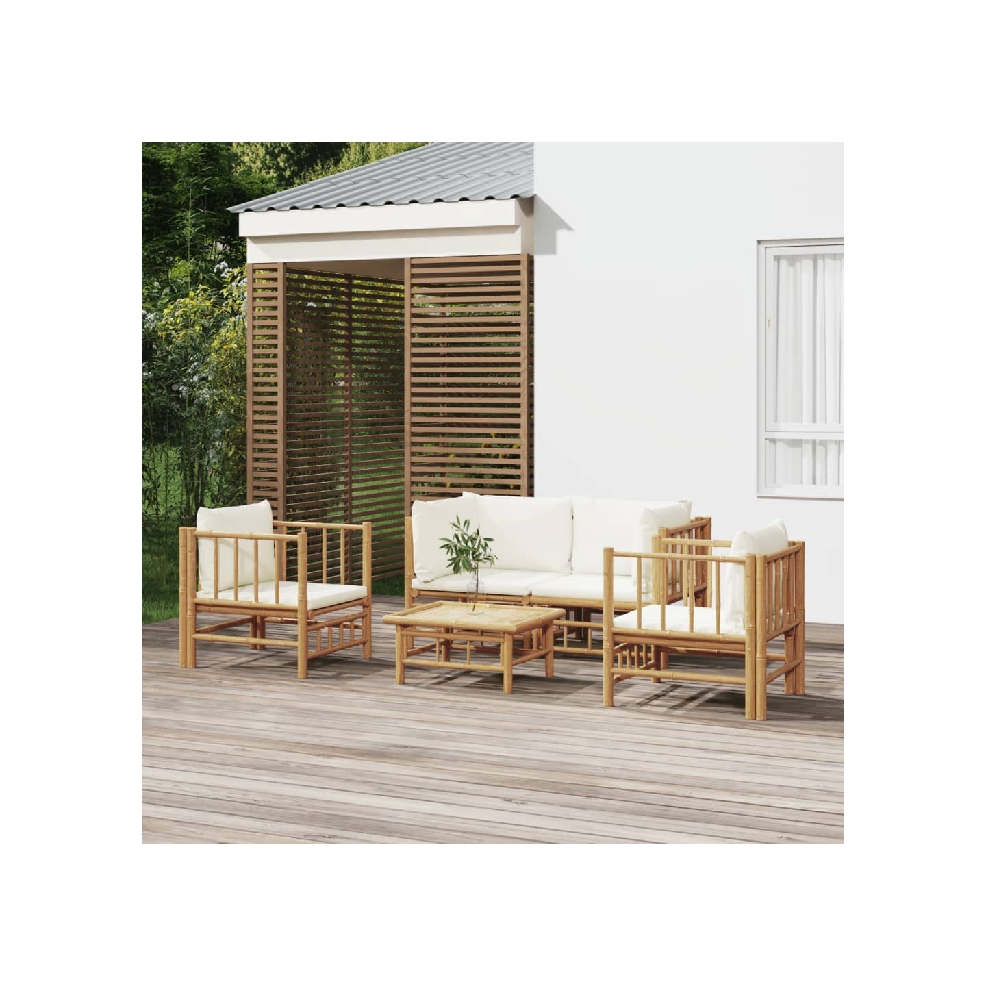 Salon de jardin 5 pcs avec coussins blanc crème bambou