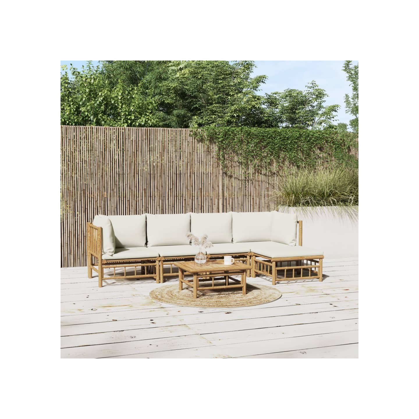 Salon de jardin 6 pcs avec coussins blanc crème bambou