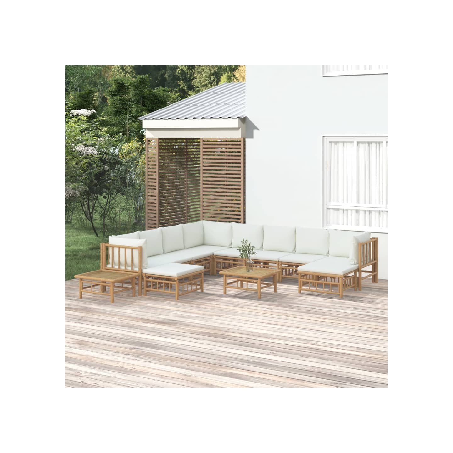 Salon de jardin 12 pcs avec coussins blanc crème bambou