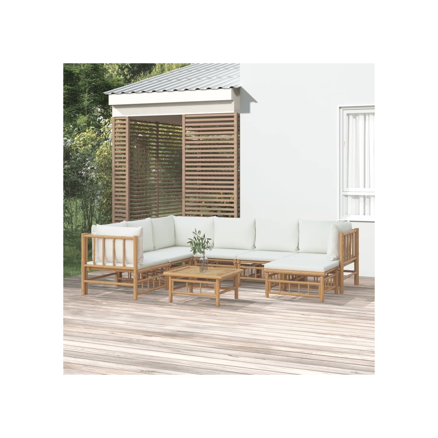 Salon de jardin 8 pcs avec coussins blanc crème bambou