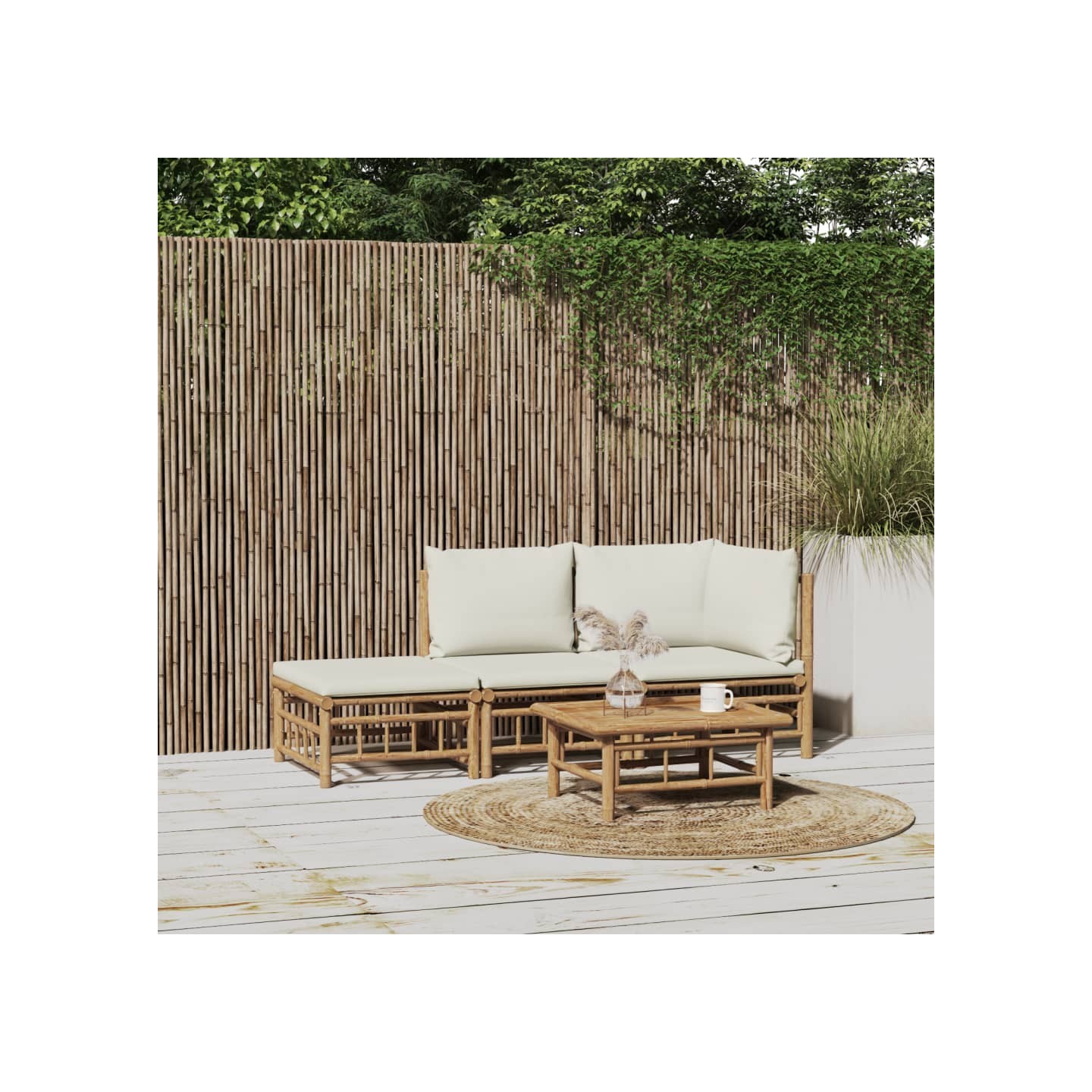 Salon de jardin 3 pcs avec coussins blanc crème bambou