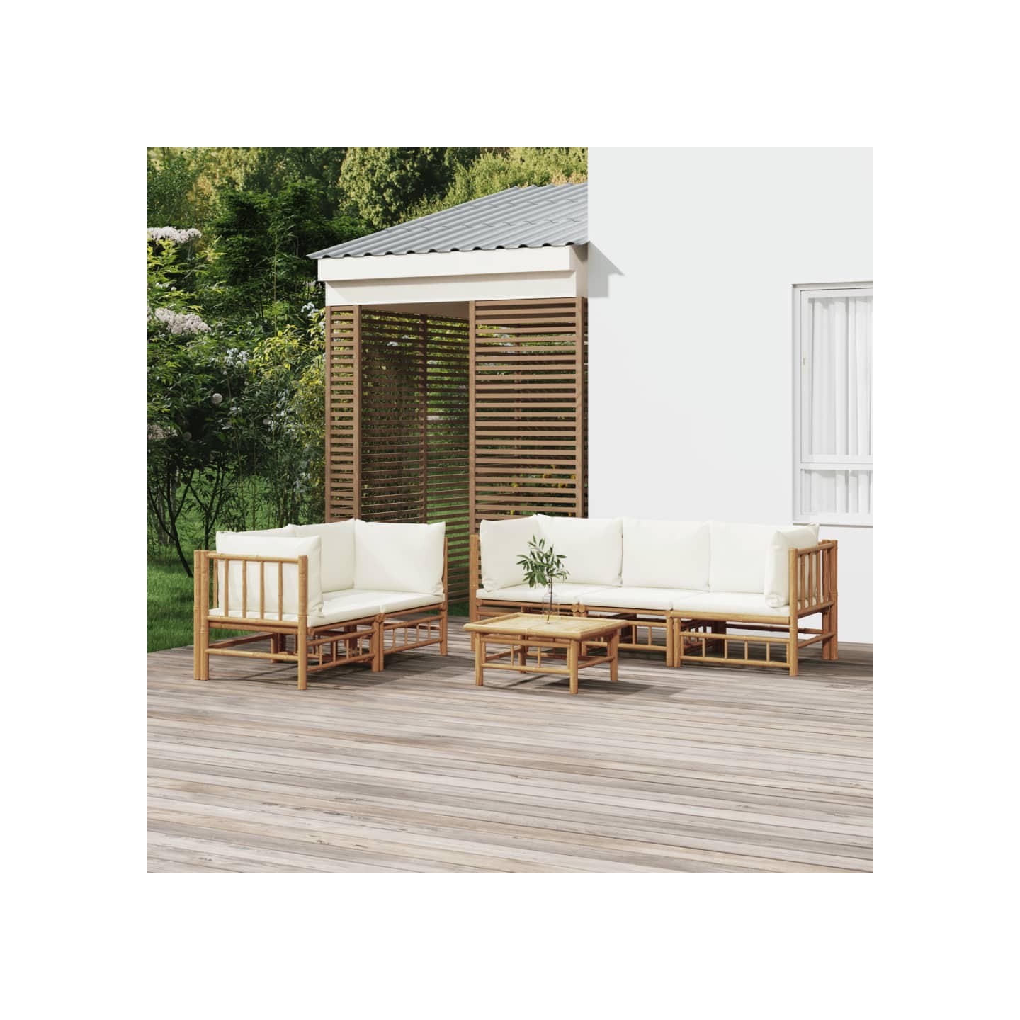 Salon de jardin 6 pcs avec coussins blanc crème bambou