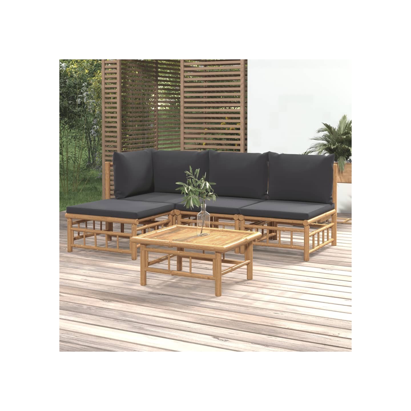 Salon de jardin 5 pcs avec coussins gris foncé bambou