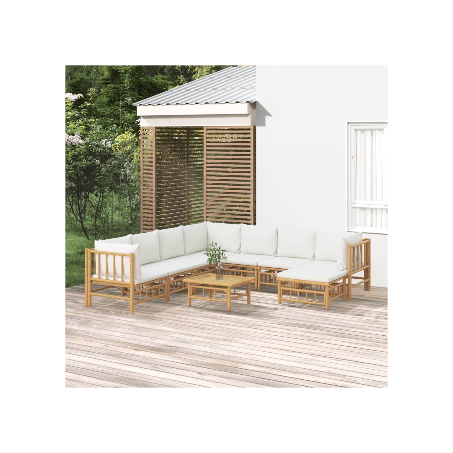 Salon de jardin 9 pcs avec coussins blanc crème bambou