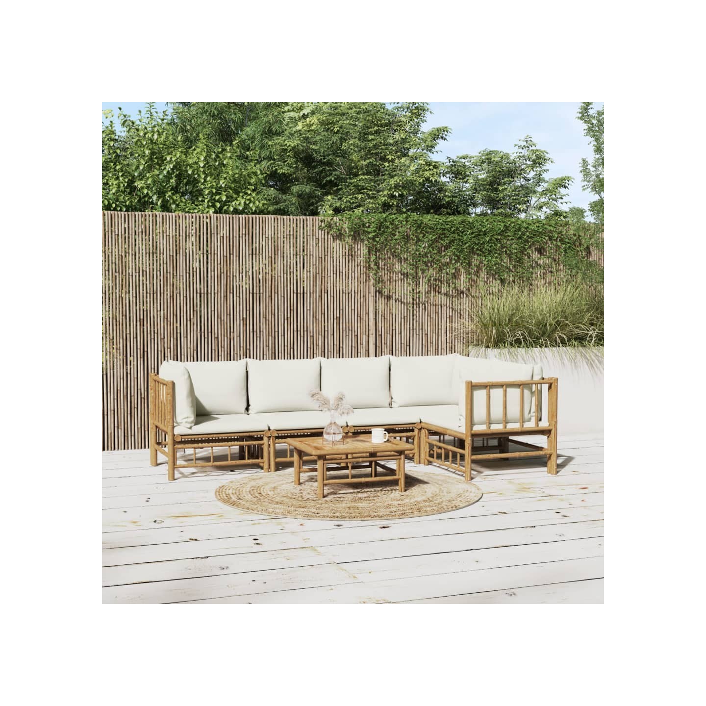 Salon de jardin 6 pcs avec coussins blanc crème bambou