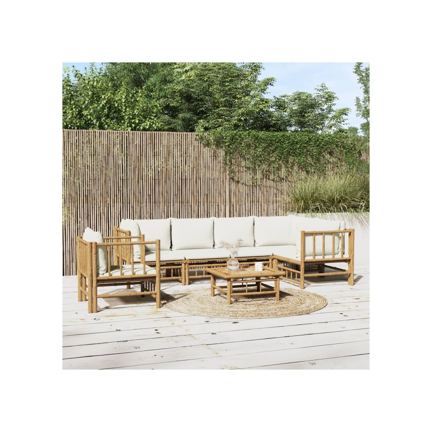 Salon de jardin 7 pcs avec coussins blanc crème bambou