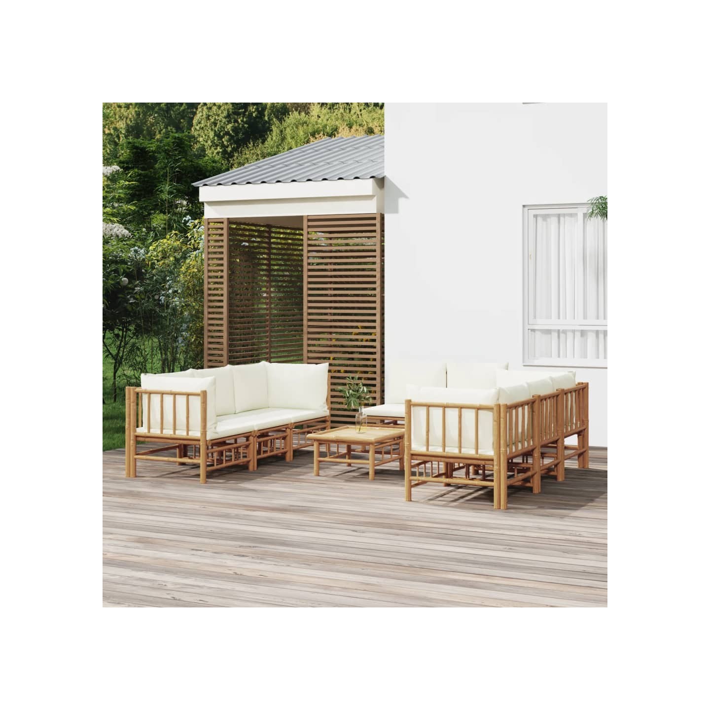 Salon de jardin 9 pcs avec coussins blanc crème bambou