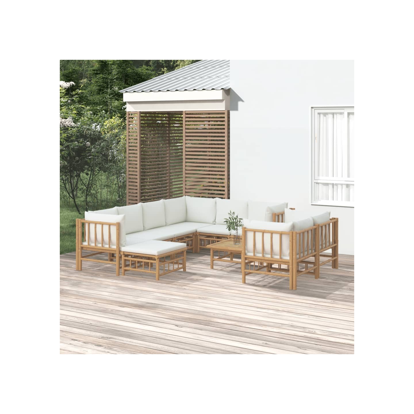 Salon de jardin 10 pcs avec coussins blanc crème bambou