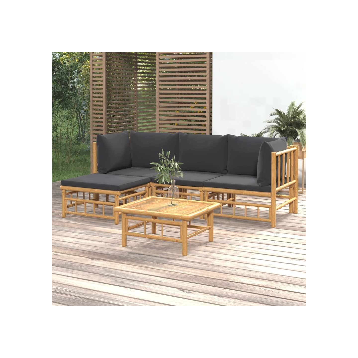 Salon de jardin 5 pcs avec coussins gris foncé bambou