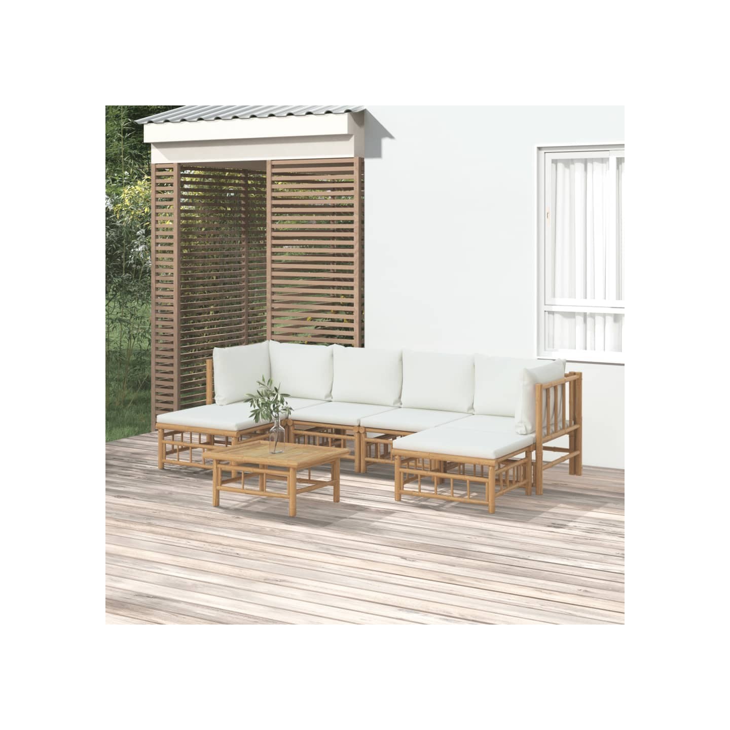 Salon de jardin 7 pcs avec coussins blanc crème bambou