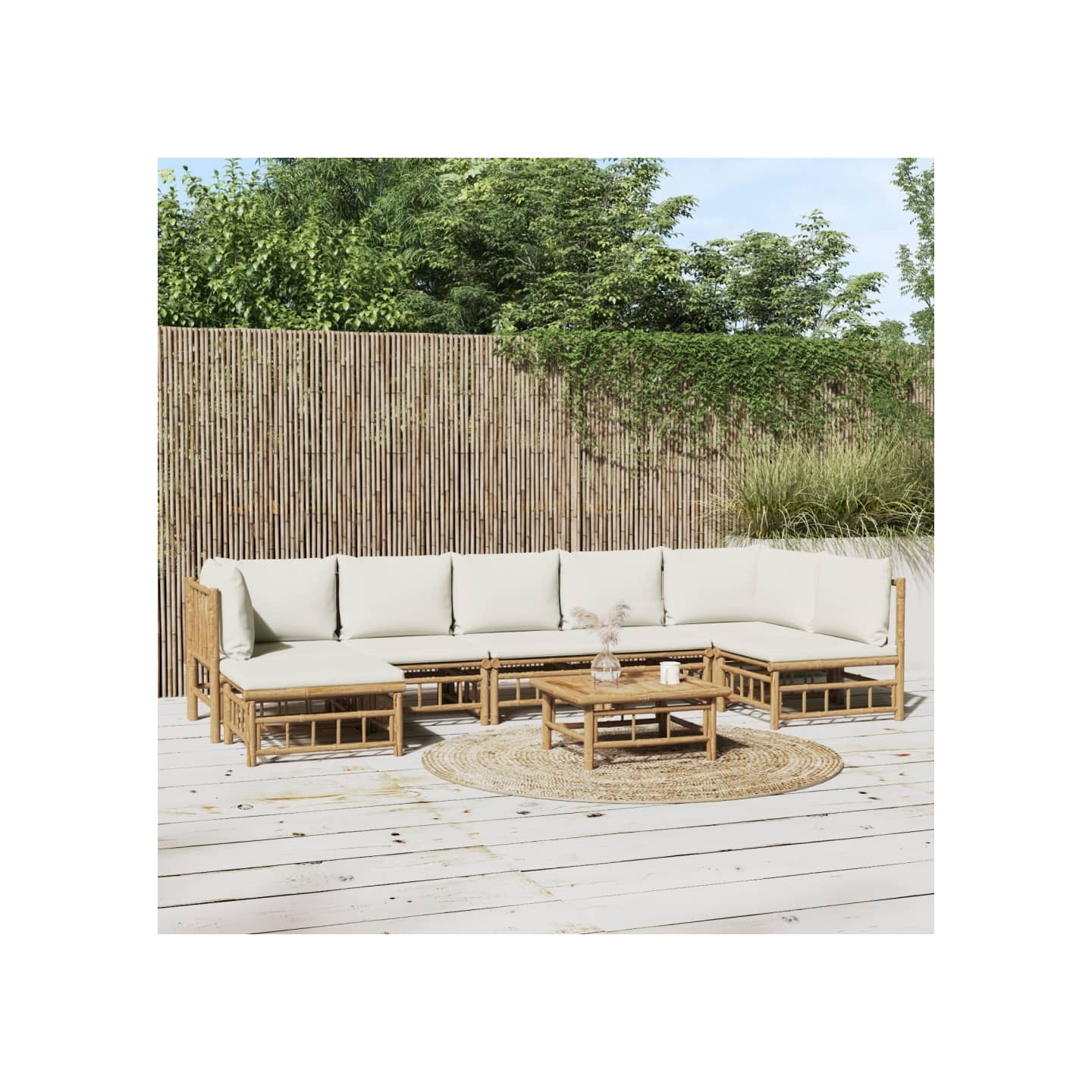Salon de jardin 8 pcs avec coussins blanc crème bambou