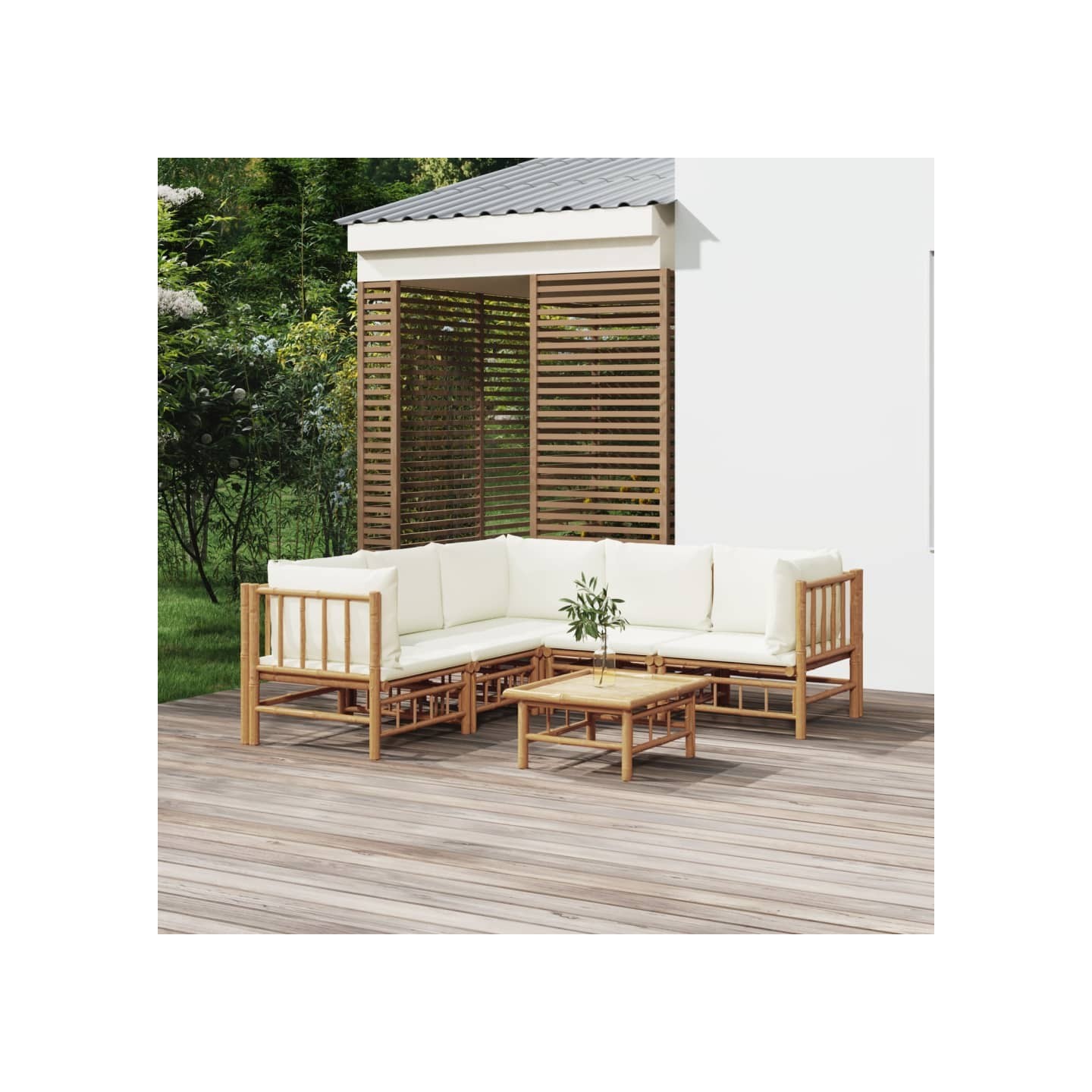 Salon de jardin 6 pcs avec coussins blanc crème bambou