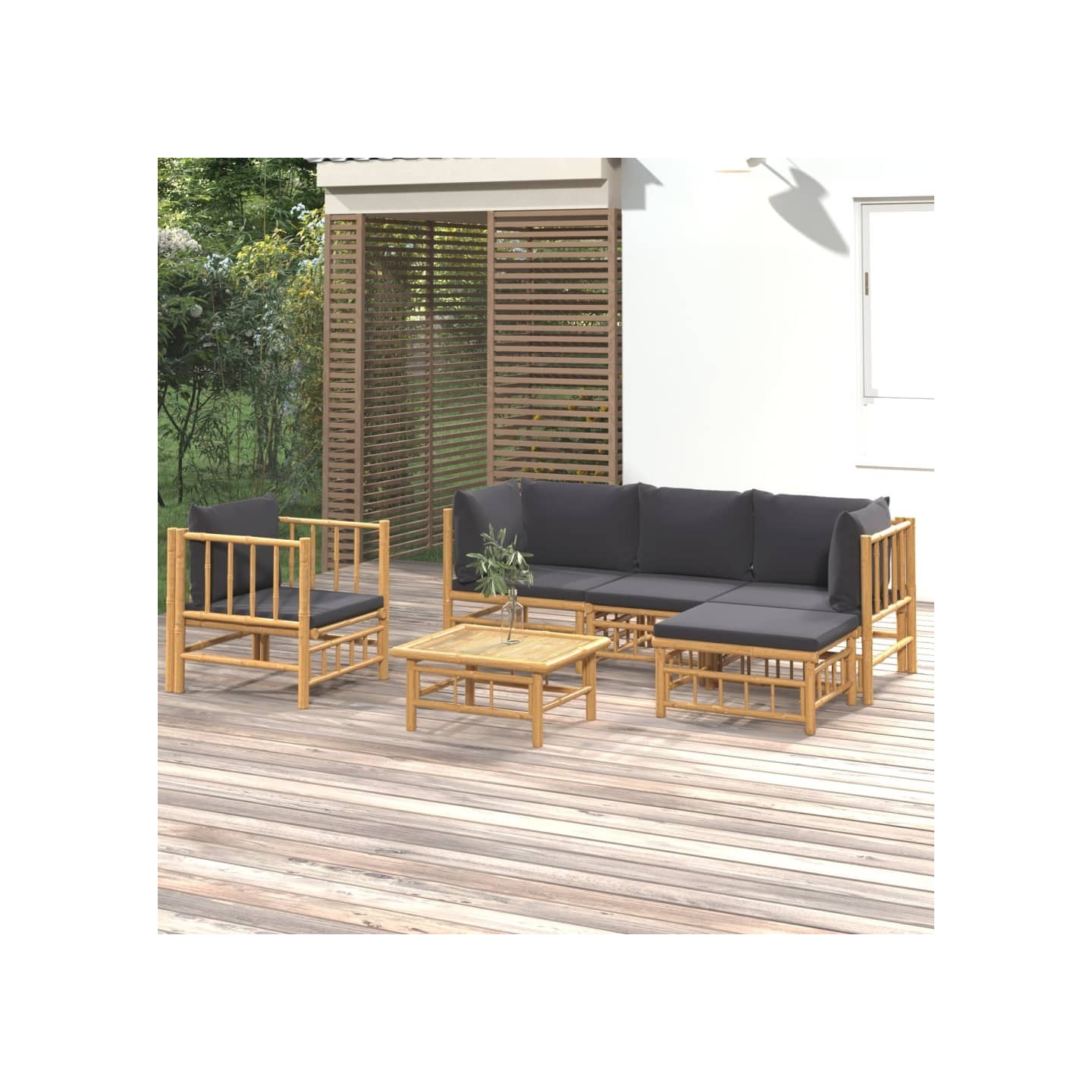 Salon de jardin 6 pcs avec coussins gris foncé bambou