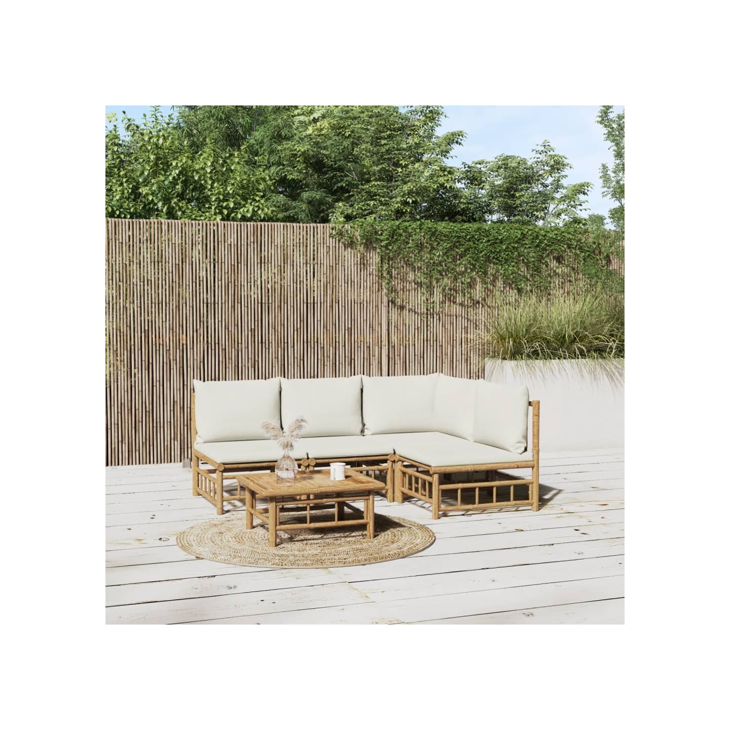 Salon de jardin 5 pcs avec coussins blanc crème bambou