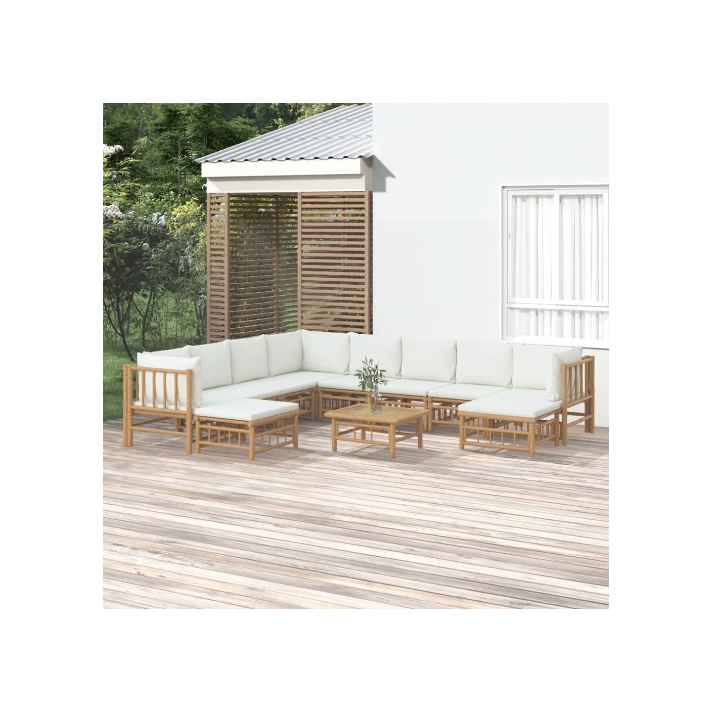 Salon de jardin 11 pcs avec coussins blanc crème bambou