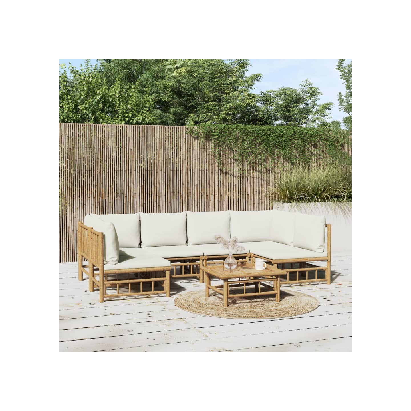 Salon de jardin 7 pcs avec coussins blanc crème bambou