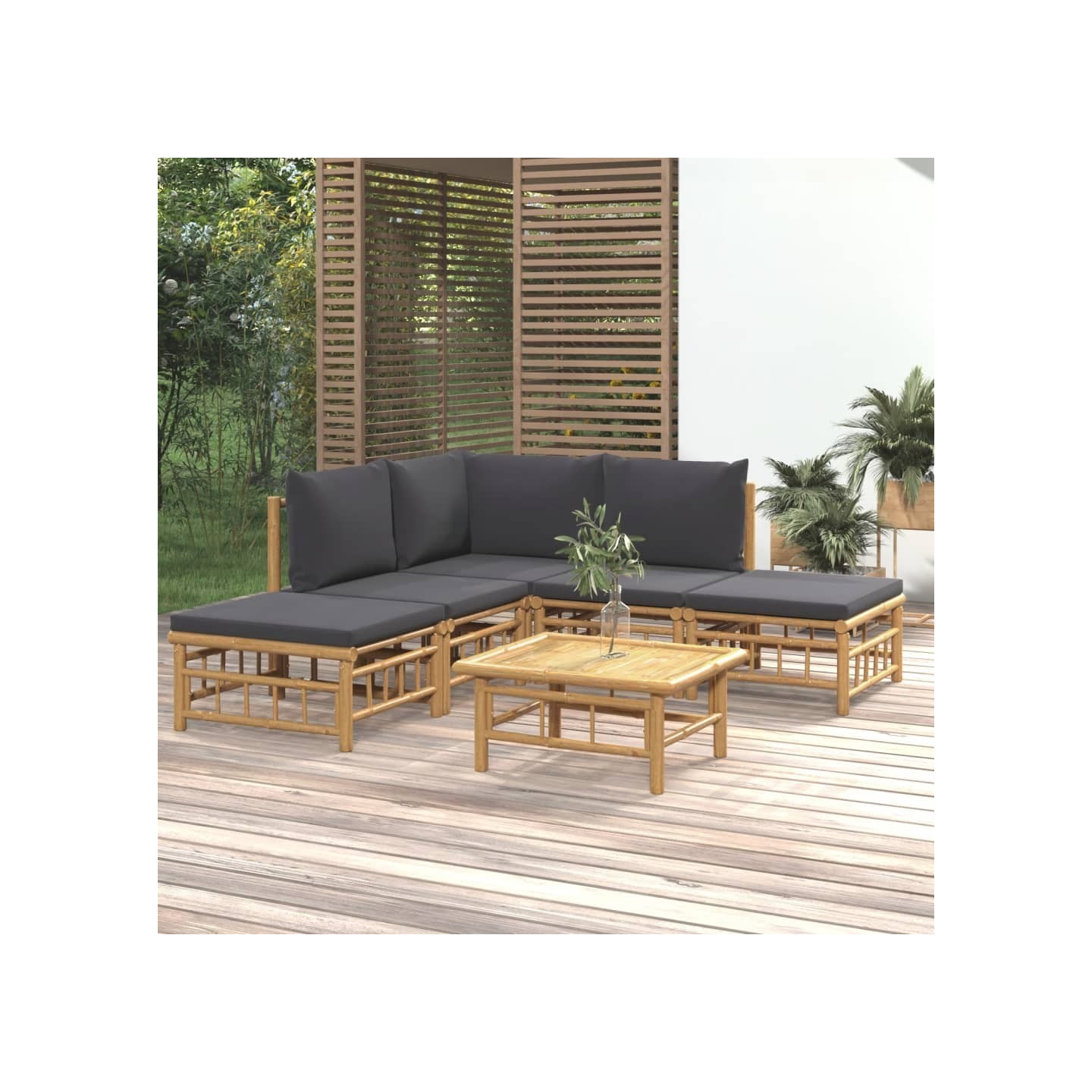 Salon de jardin 6 pcs avec coussins gris foncé bambou