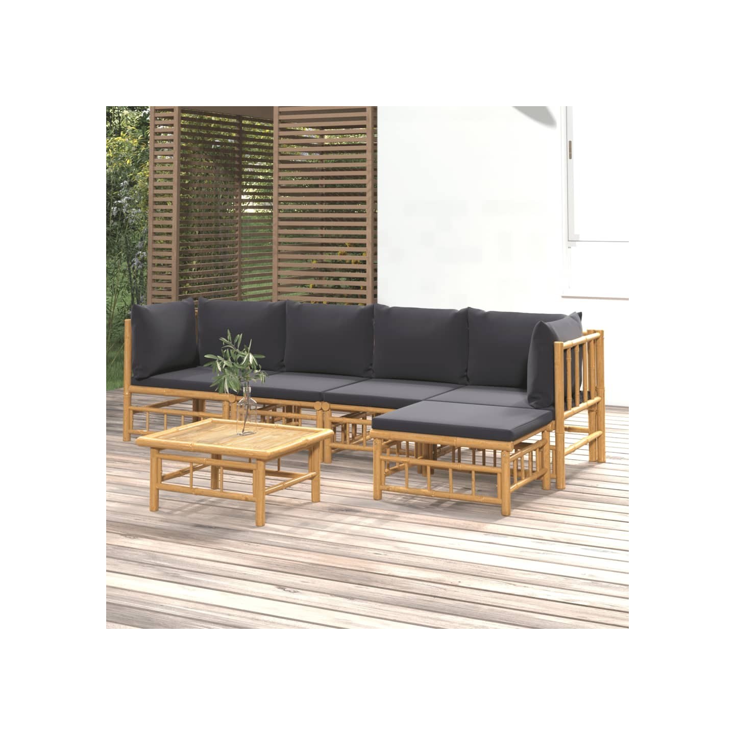 Salon de jardin 6 pcs avec coussins gris foncé bambou