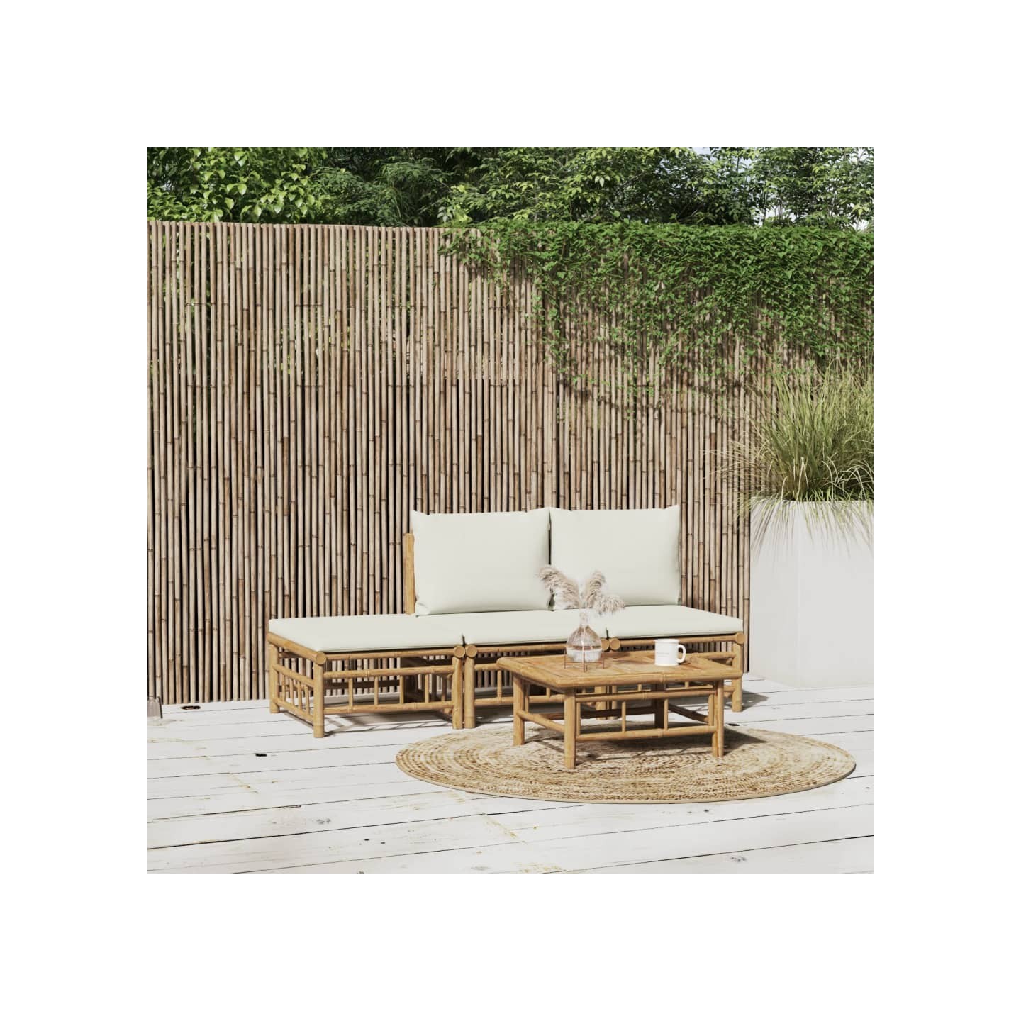 Salon de jardin 4 pcs avec coussins blanc crème bambou