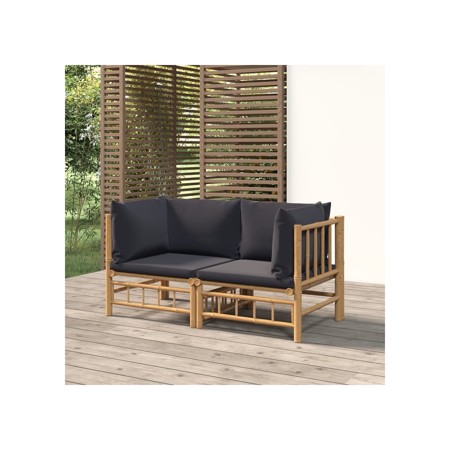 Canapés d'angle de jardin avec coussins gris foncé 2 pcs bambou