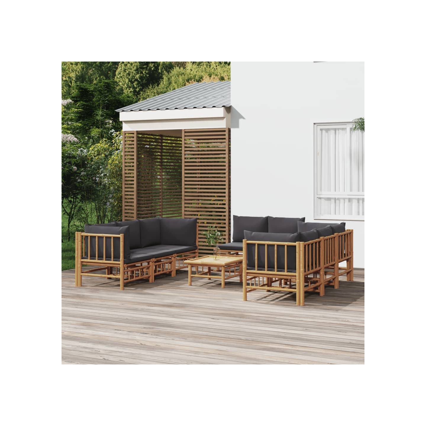 Salon de jardin 9 pcs avec coussins gris foncé bambou
