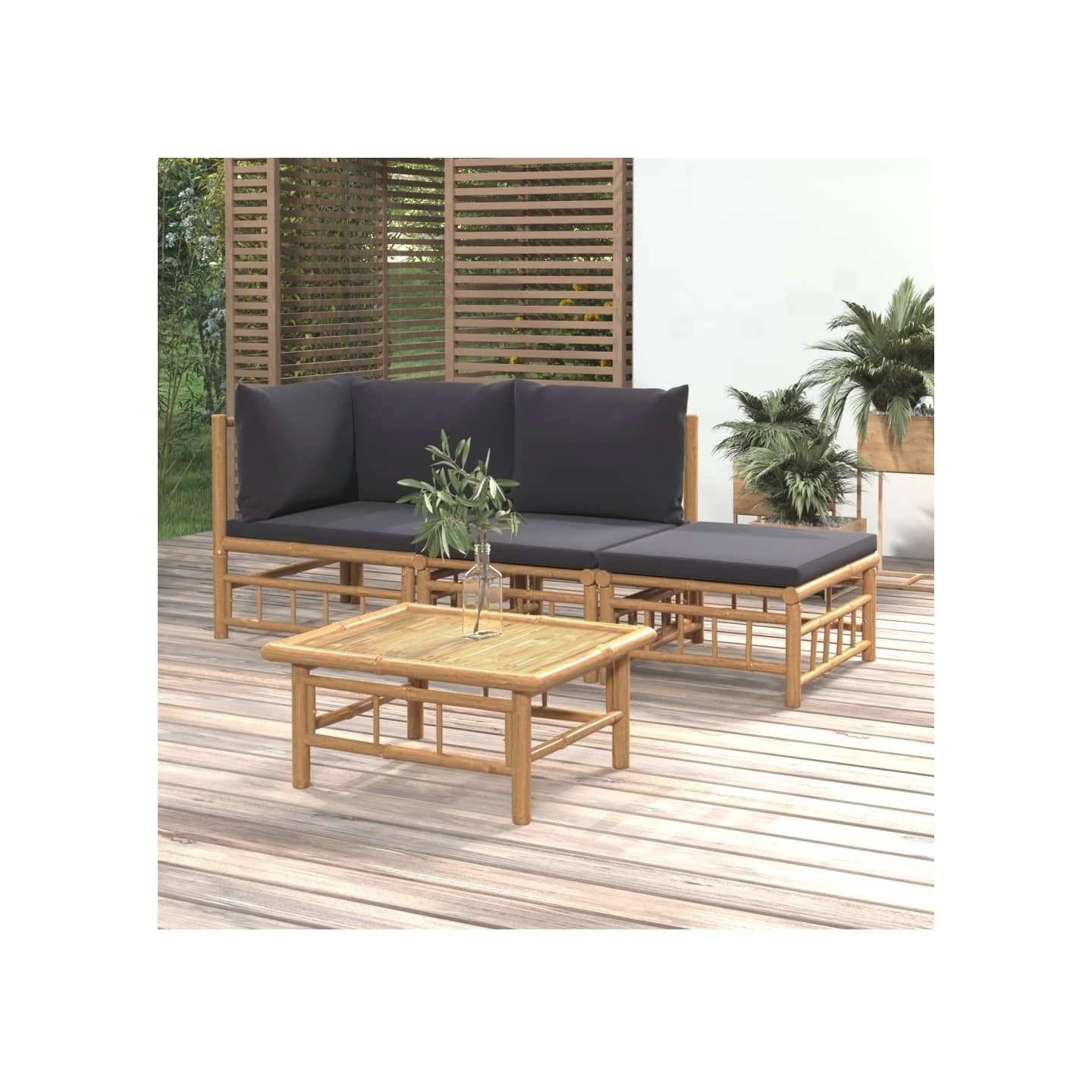 Salon de jardin 4 pcs avec coussins gris foncé bambou