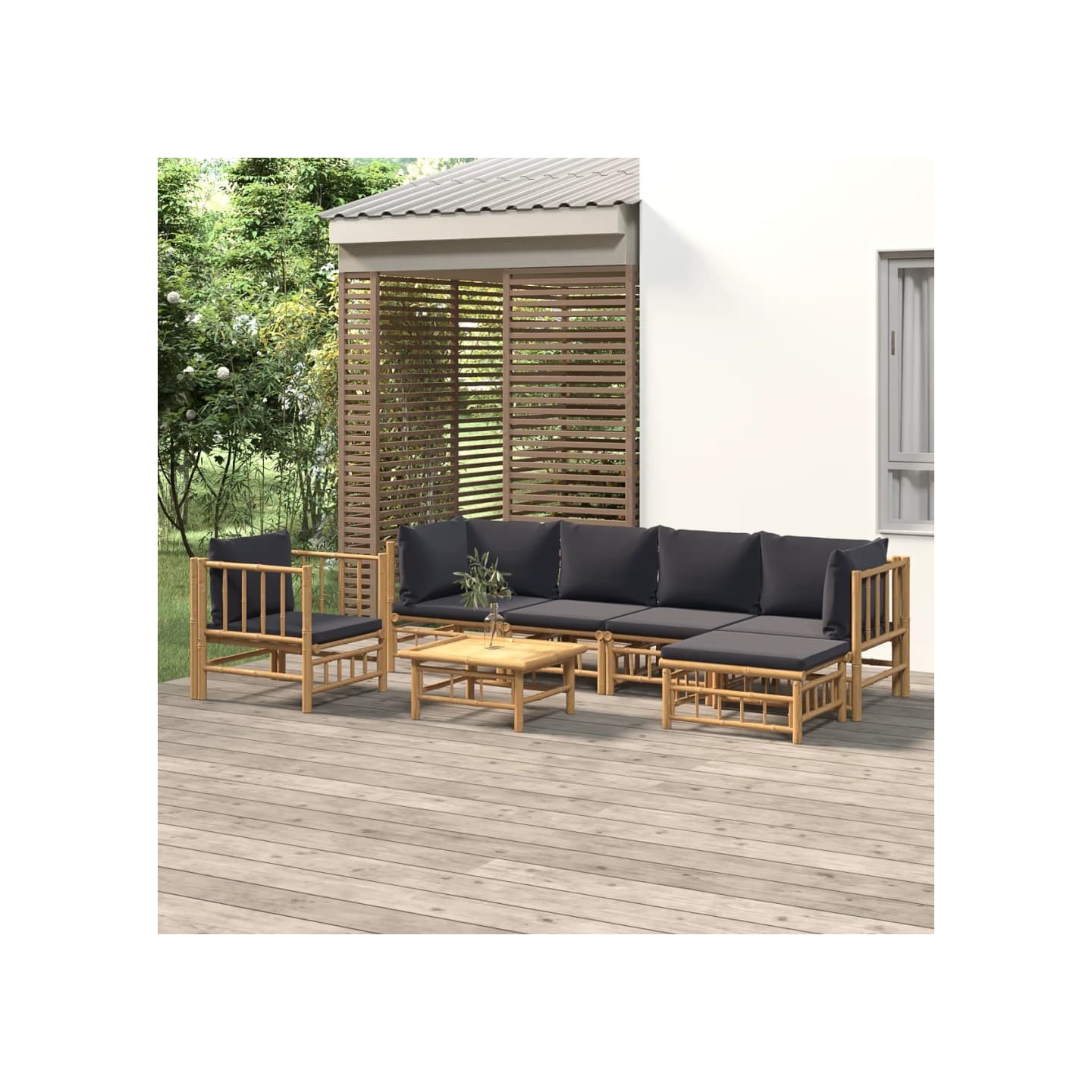 Salon de jardin 7 pcs avec coussins gris foncé bambou