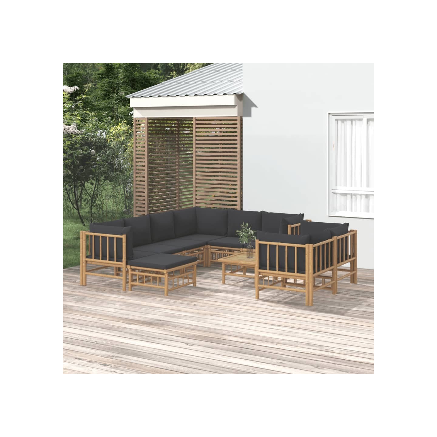 Salon de jardin 10 pcs avec coussins gris foncé bambou