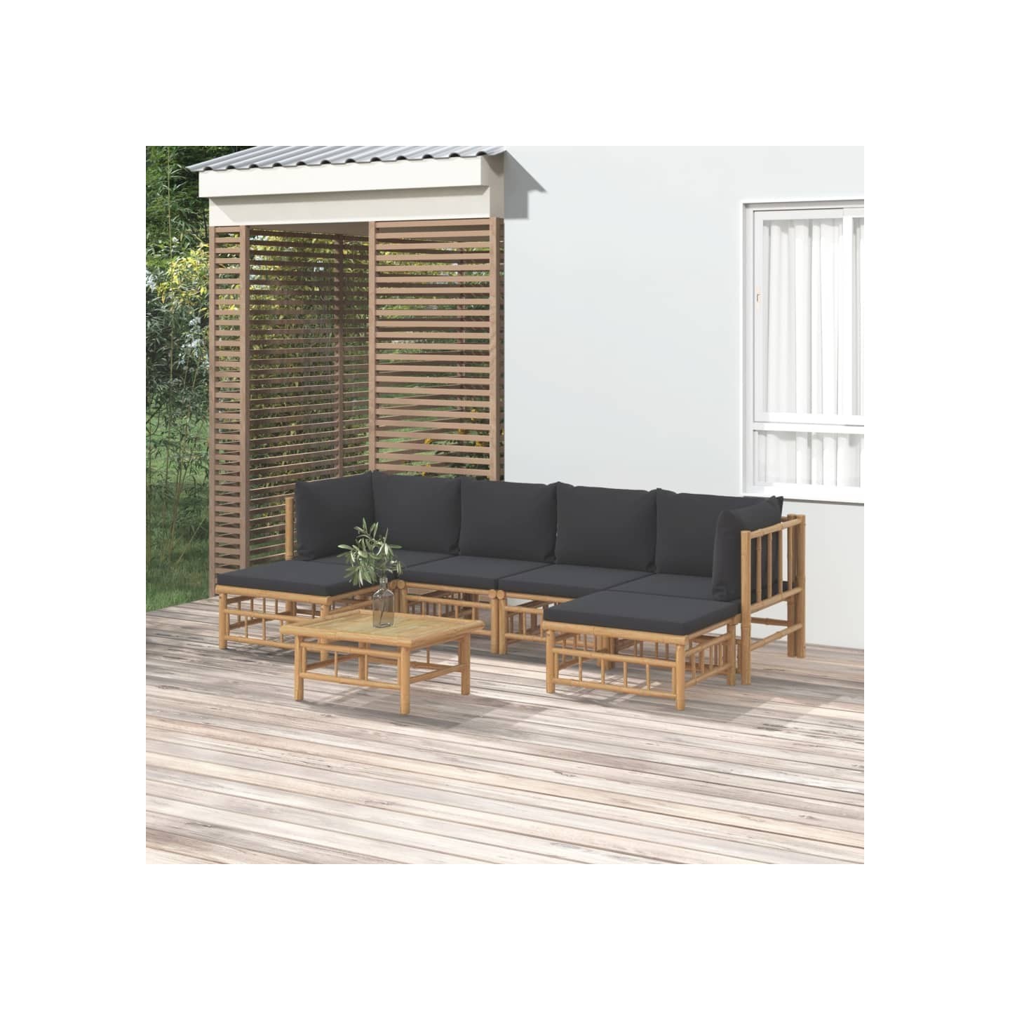 Salon de jardin 7 pcs avec coussins gris foncé bambou