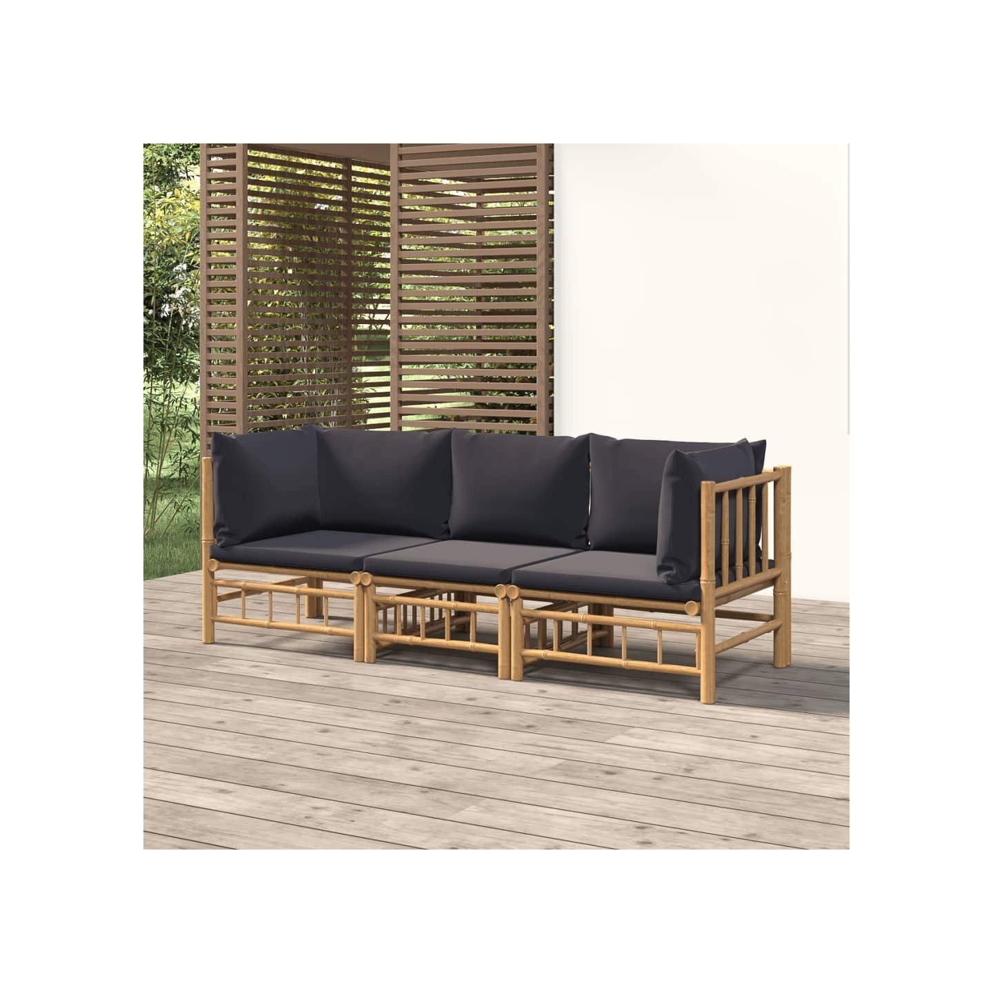 Salon de jardin 3 pcs avec coussins gris foncé bambou